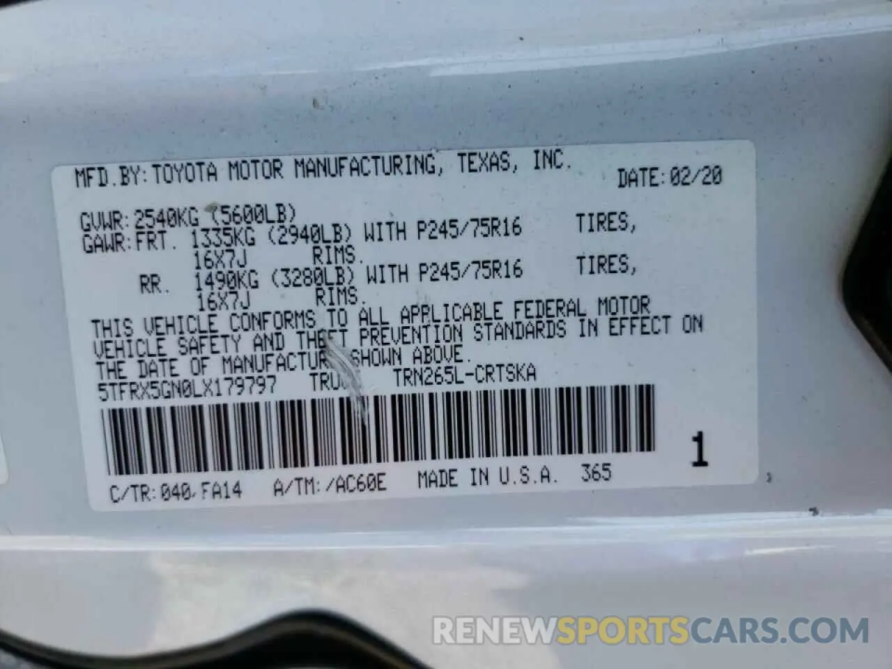 12 Photograph of a damaged car 5TFRX5GN0LX179797 TOYOTA TACOMA 2020