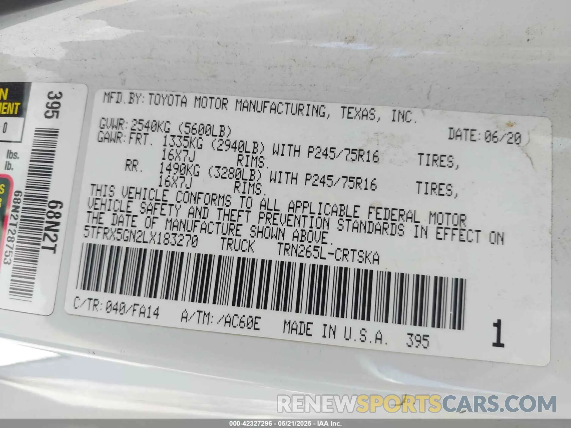 9 Photograph of a damaged car 5TFRX5GN2LX183270 TOYOTA TACOMA 2020