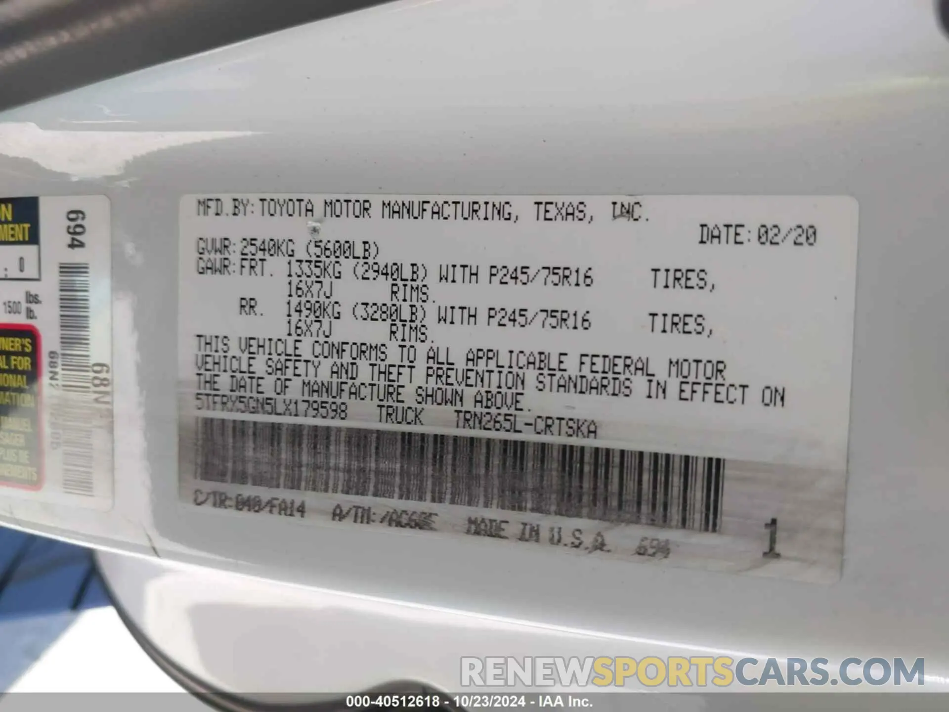 9 Photograph of a damaged car 5TFRX5GN5LX179598 TOYOTA TACOMA 2020