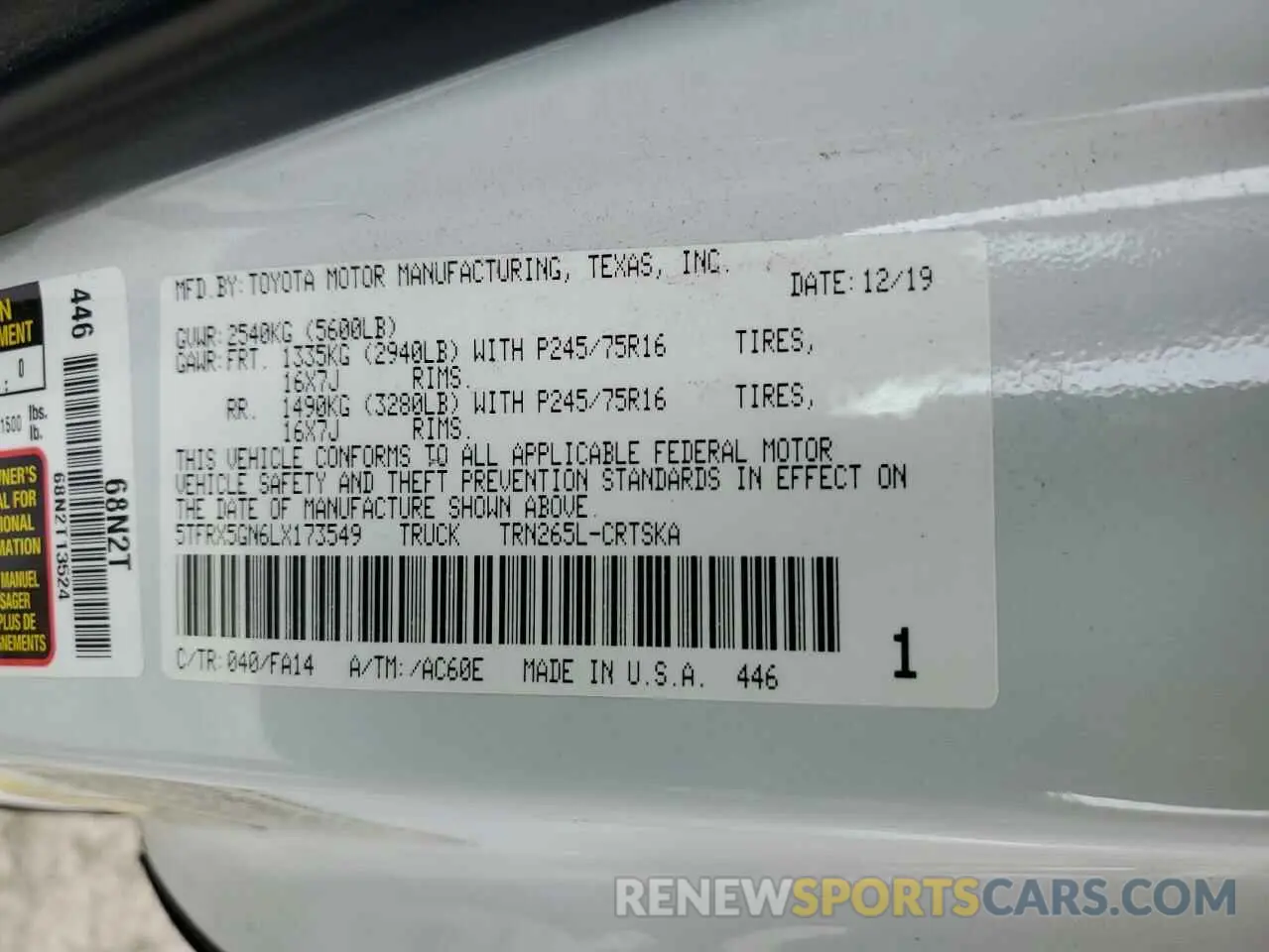 12 Photograph of a damaged car 5TFRX5GN6LX173549 TOYOTA TACOMA 2020
