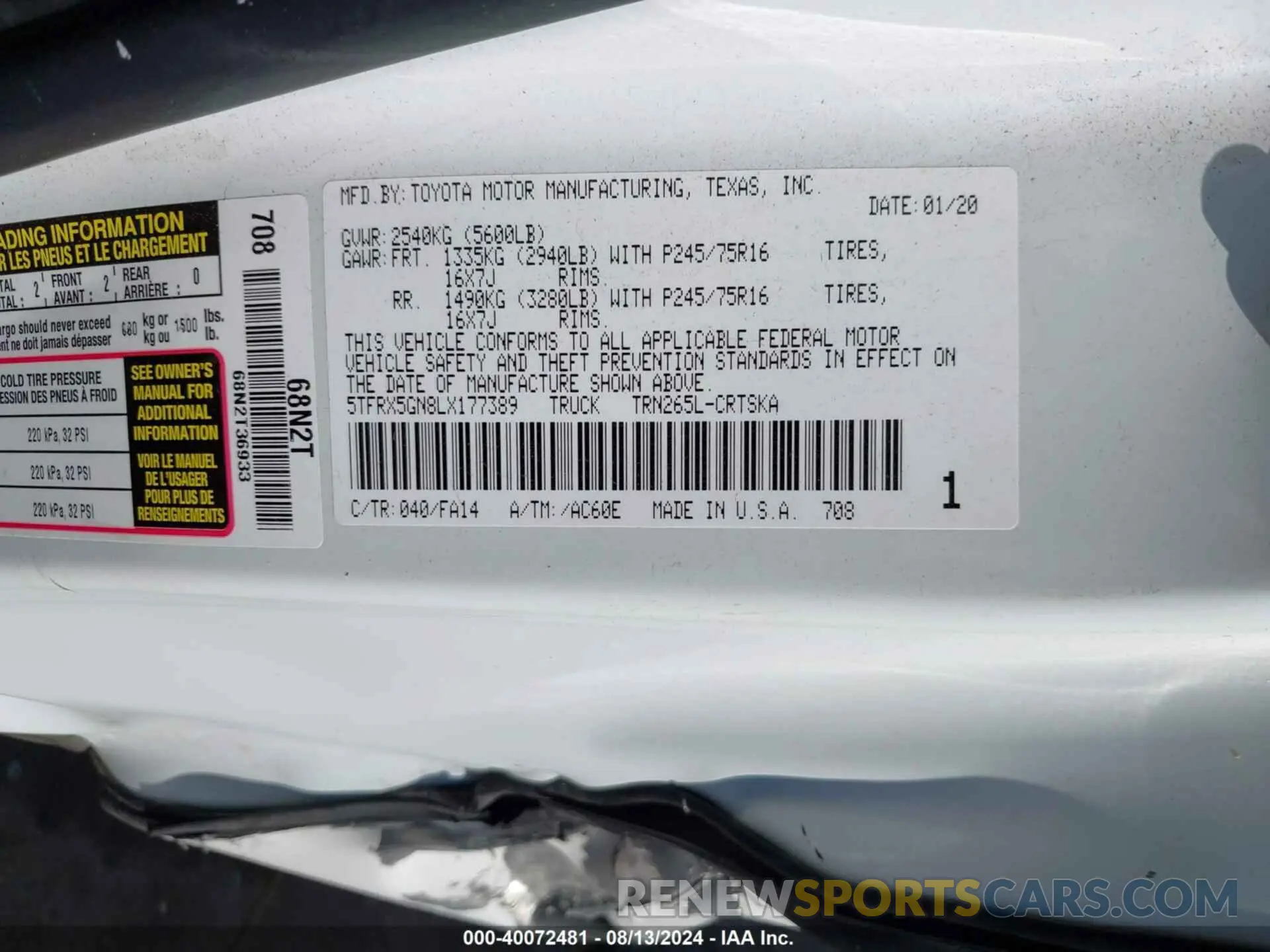 9 Photograph of a damaged car 5TFRX5GN8LX177389 TOYOTA TACOMA 2020