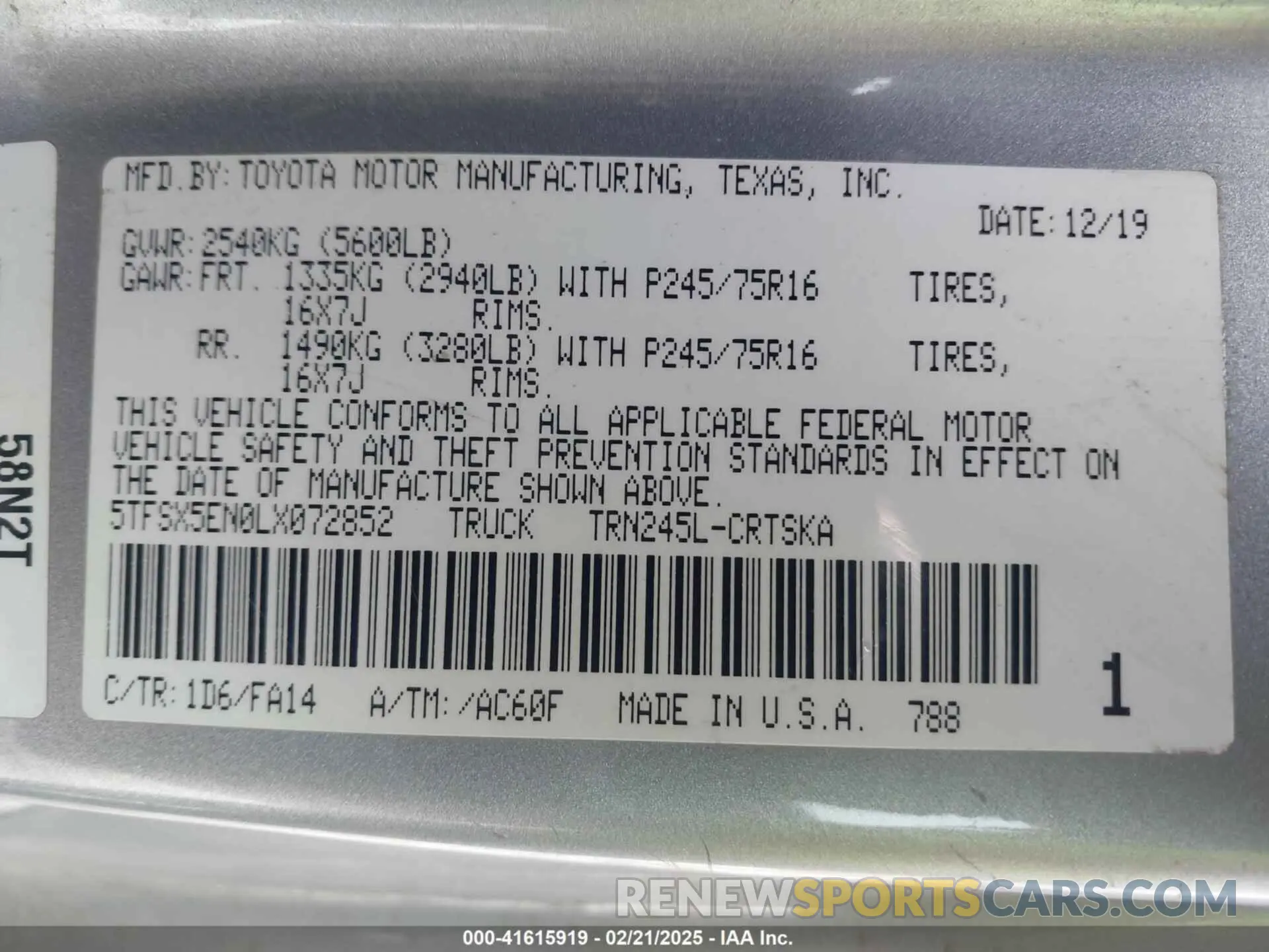 9 Photograph of a damaged car 5TFSX5EN0LX072852 TOYOTA TACOMA 2020