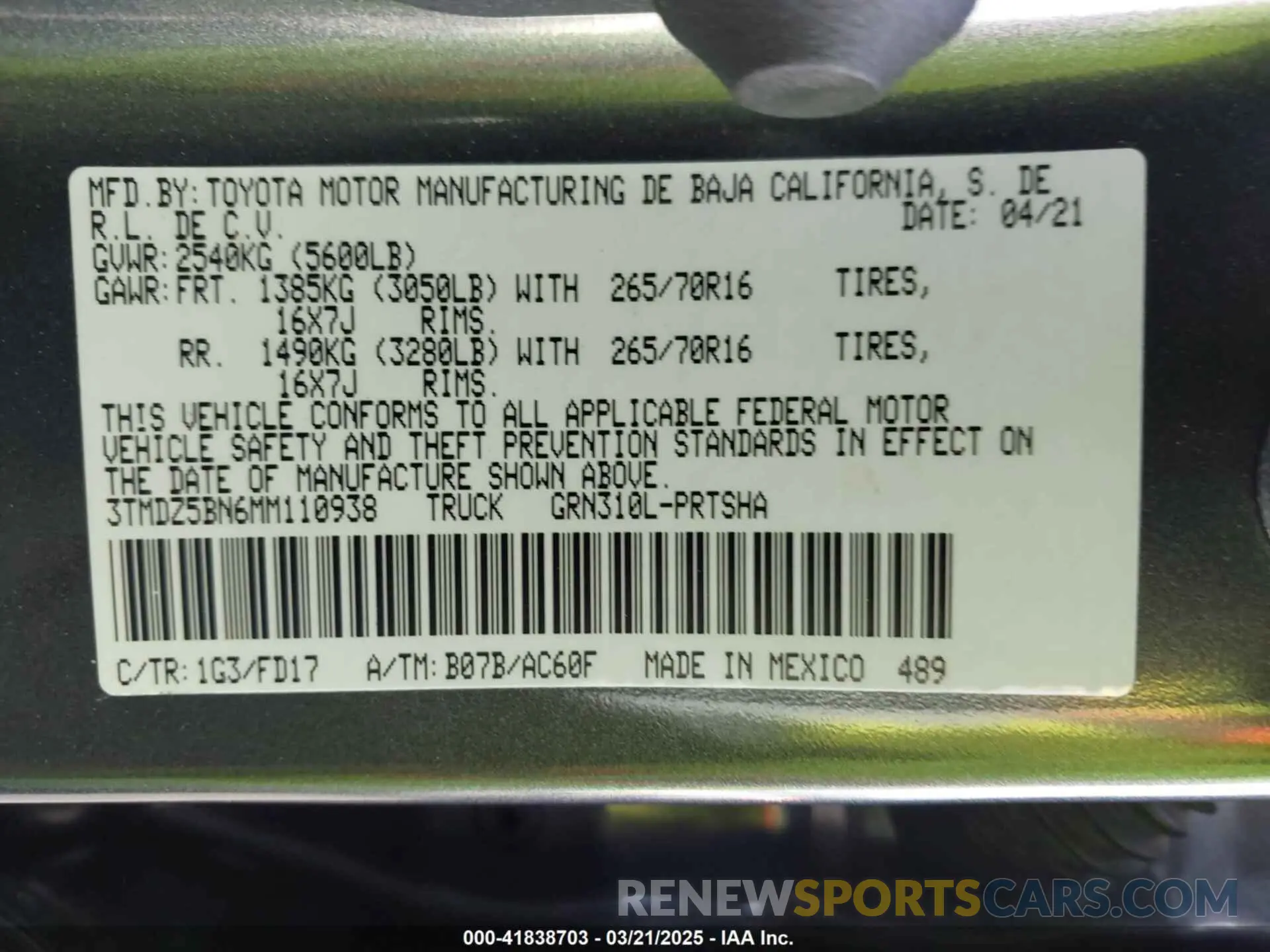 9 Photograph of a damaged car 3TMDZ5BN6MM110938 TOYOTA TACOMA 2021