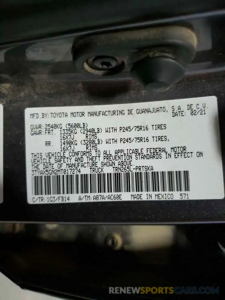 12 Photograph of a damaged car 3TYAX5GN2MT017274 TOYOTA TACOMA 2021
