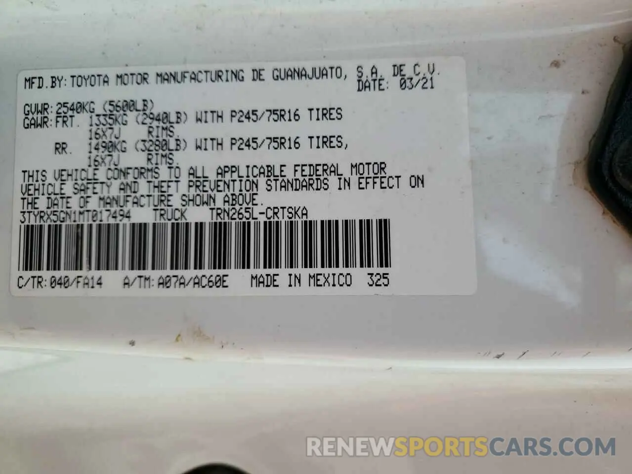 13 Photograph of a damaged car 3TYRX5GN1MT017494 TOYOTA TACOMA 2021