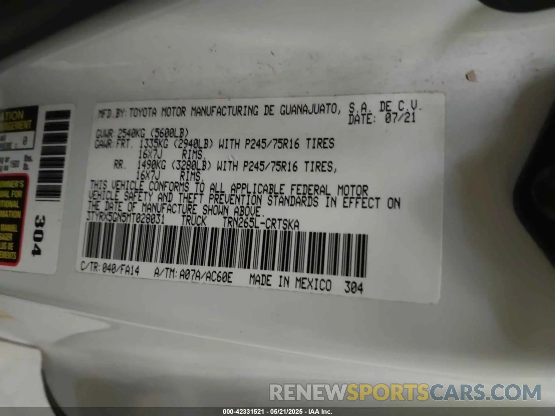 9 Photograph of a damaged car 3TYRX5GN5MT028031 TOYOTA TACOMA 2021