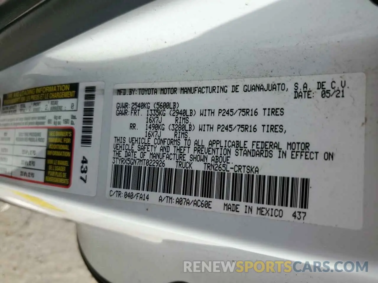 12 Photograph of a damaged car 3TYRX5GN7MT022926 TOYOTA TACOMA 2021