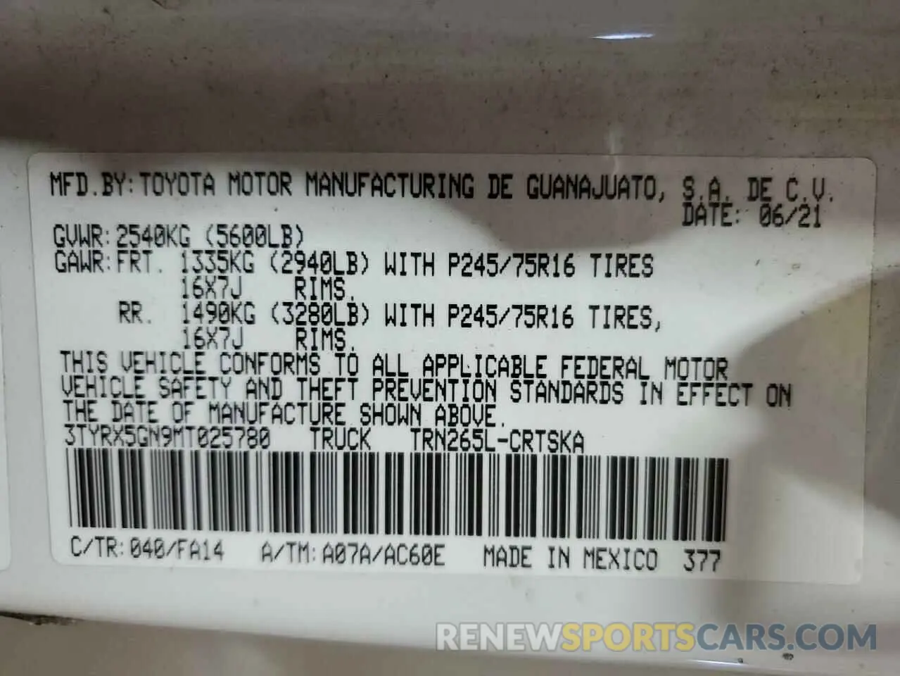 11 Photograph of a damaged car 3TYRX5GN9MT025780 TOYOTA TACOMA 2021