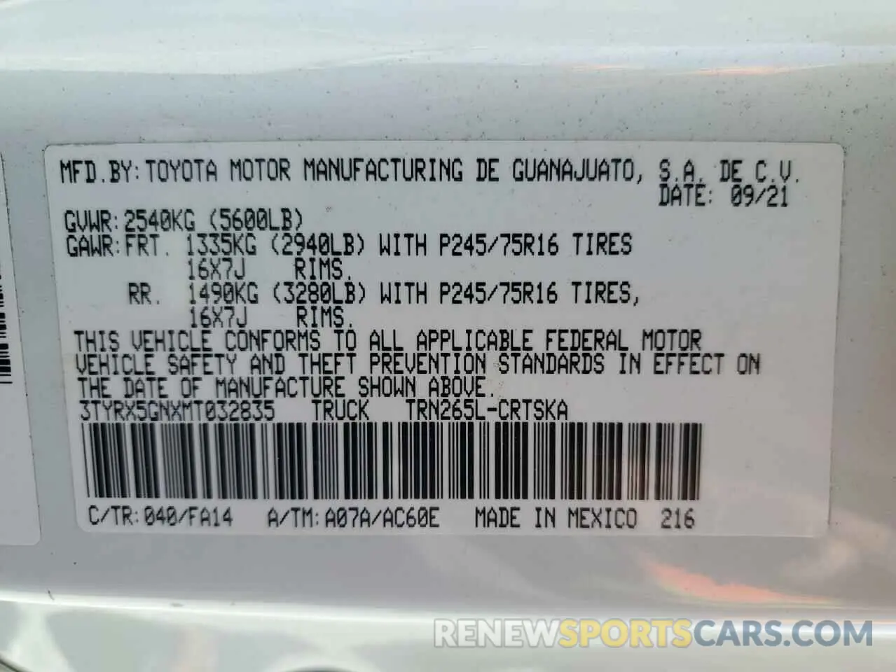 12 Photograph of a damaged car 3TYRX5GNXMT032835 TOYOTA TACOMA 2021