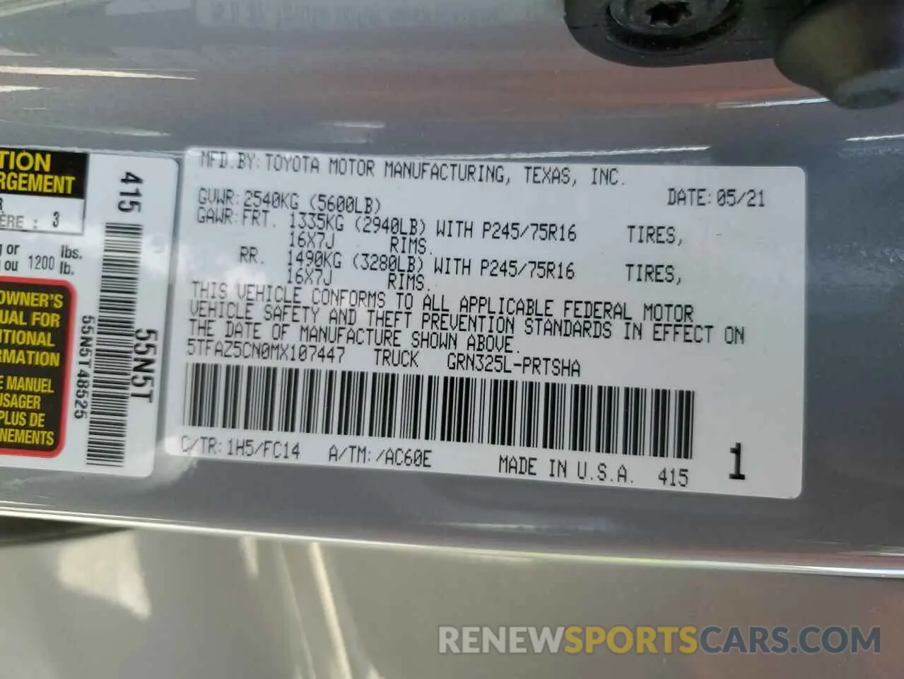 13 Photograph of a damaged car 5TFAZ5CN0MX107447 TOYOTA TACOMA 2021