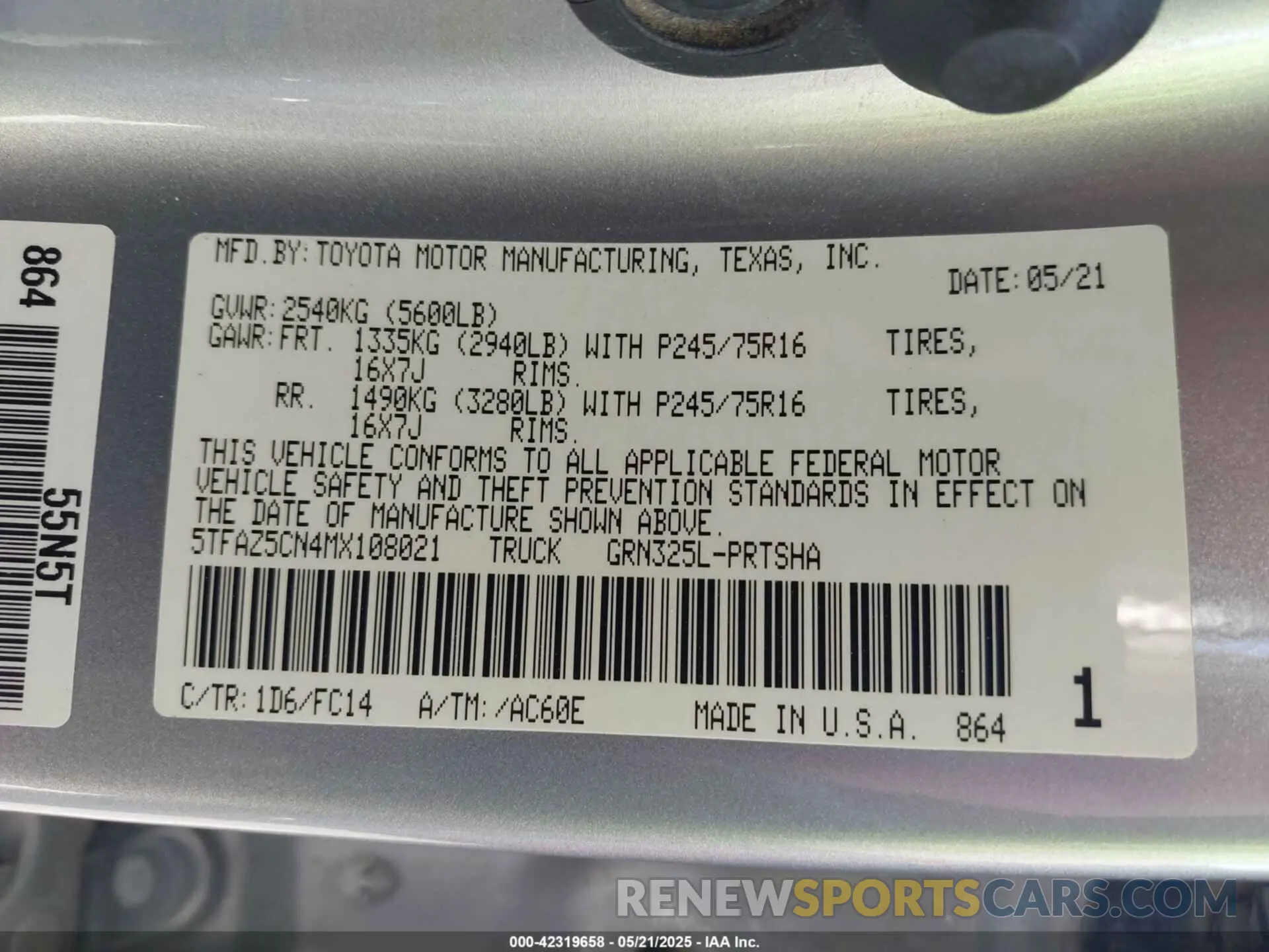 9 Photograph of a damaged car 5TFAZ5CN4MX108021 TOYOTA TACOMA 2021