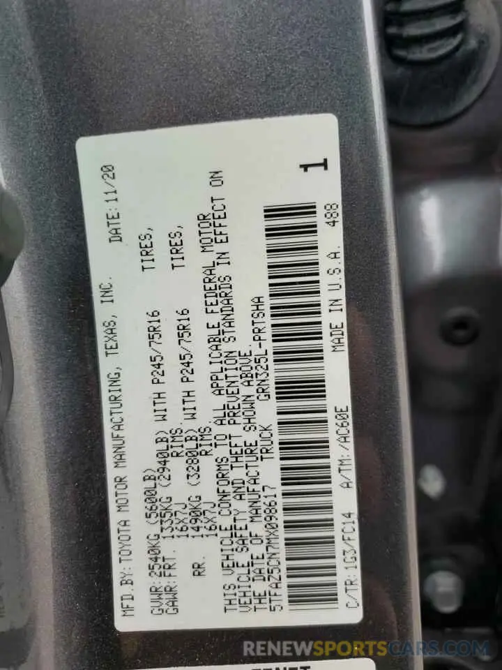 12 Photograph of a damaged car 5TFAZ5CN7MX098617 TOYOTA TACOMA 2021