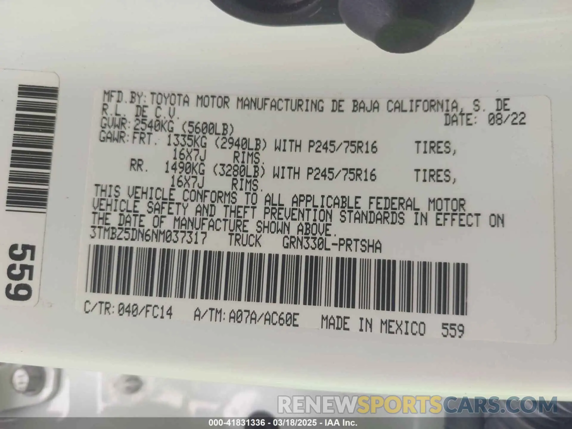 9 Photograph of a damaged car 3TMBZ5DN6NM037317 TOYOTA TACOMA 2022