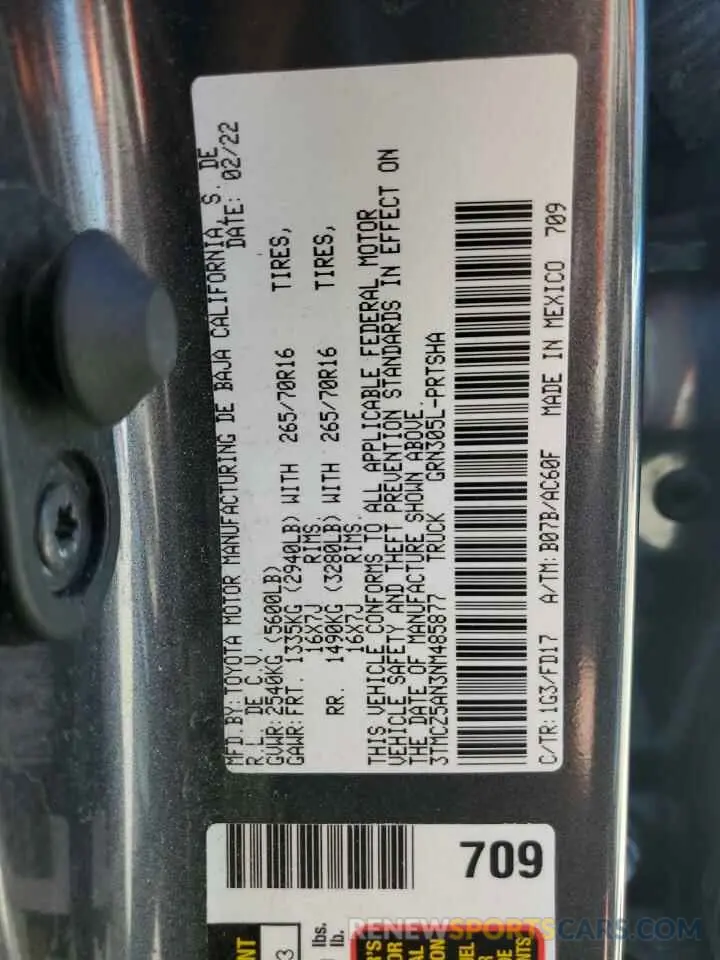 13 Photograph of a damaged car 3TMCZ5AN3NM485877 TOYOTA TACOMA 2022