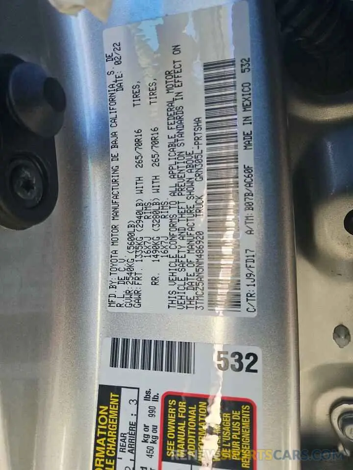 12 Photograph of a damaged car 3TMCZ5AN5NM486920 TOYOTA TACOMA 2022