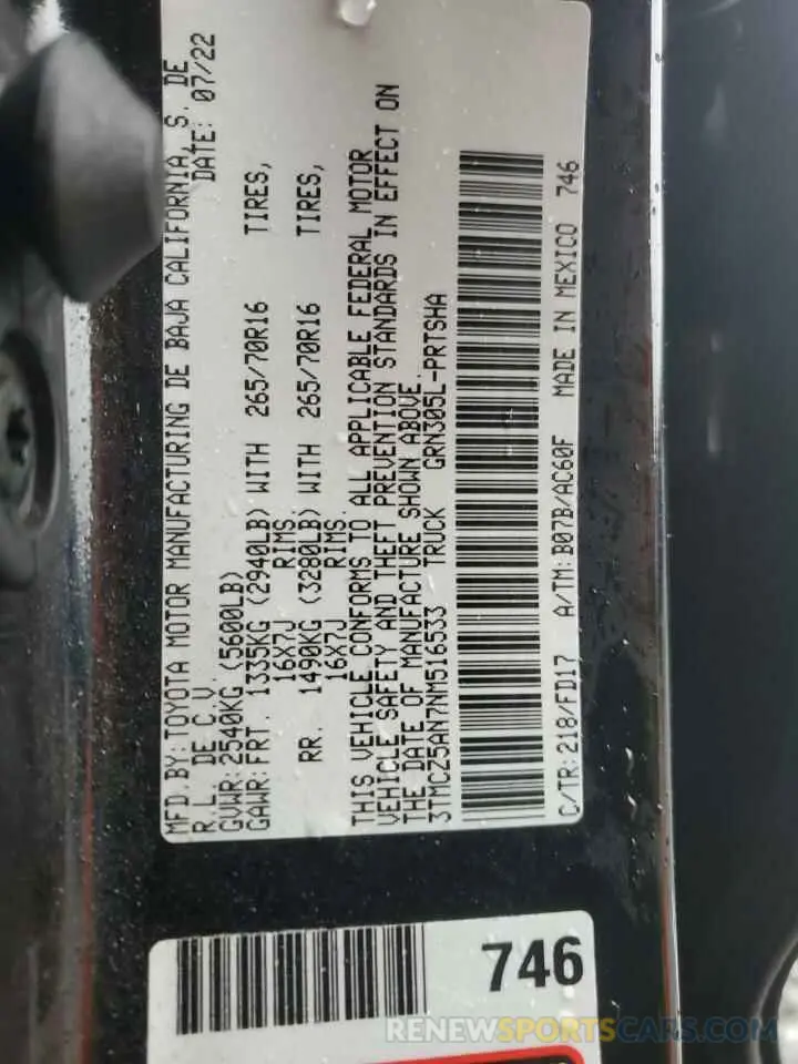 12 Photograph of a damaged car 3TMCZ5AN7NM516533 TOYOTA TACOMA 2022