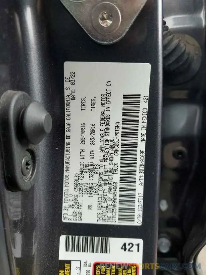 12 Photograph of a damaged car 3TMCZ5AN9NM494860 TOYOTA TACOMA 2022