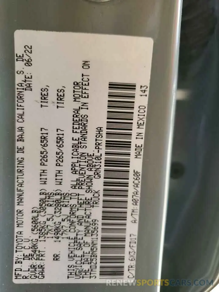 14 Photograph of a damaged car 3TMDZ5BN5NM135699 TOYOTA TACOMA 2022