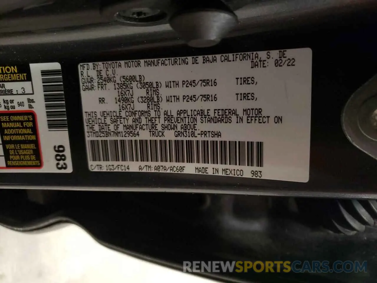 12 Photograph of a damaged car 3TMDZ5BN7NM129564 TOYOTA TACOMA 2022