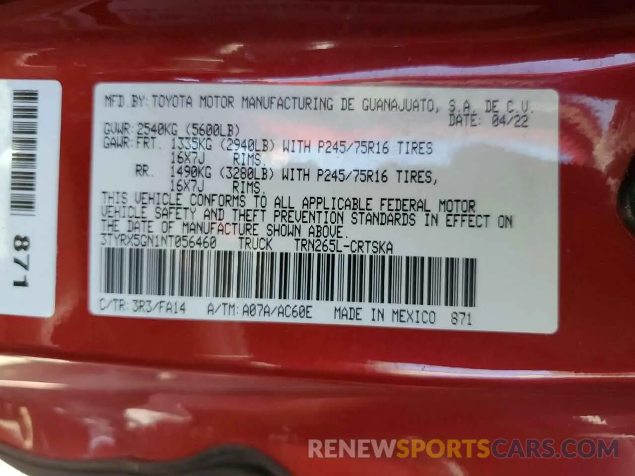 12 Photograph of a damaged car 3TYRX5GN1NT056460 TOYOTA TACOMA 2022