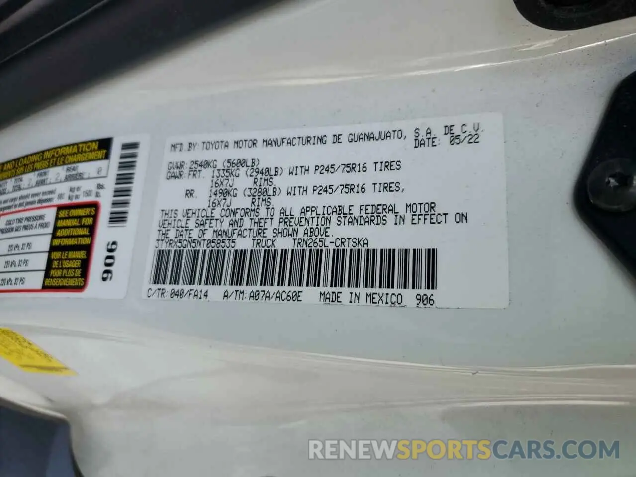 12 Photograph of a damaged car 3TYRX5GN5NT058535 TOYOTA TACOMA 2022