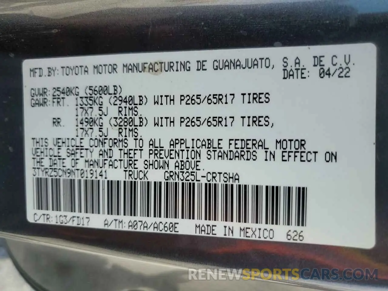 12 Photograph of a damaged car 3TYRZ5CN9NT019141 TOYOTA TACOMA 2022