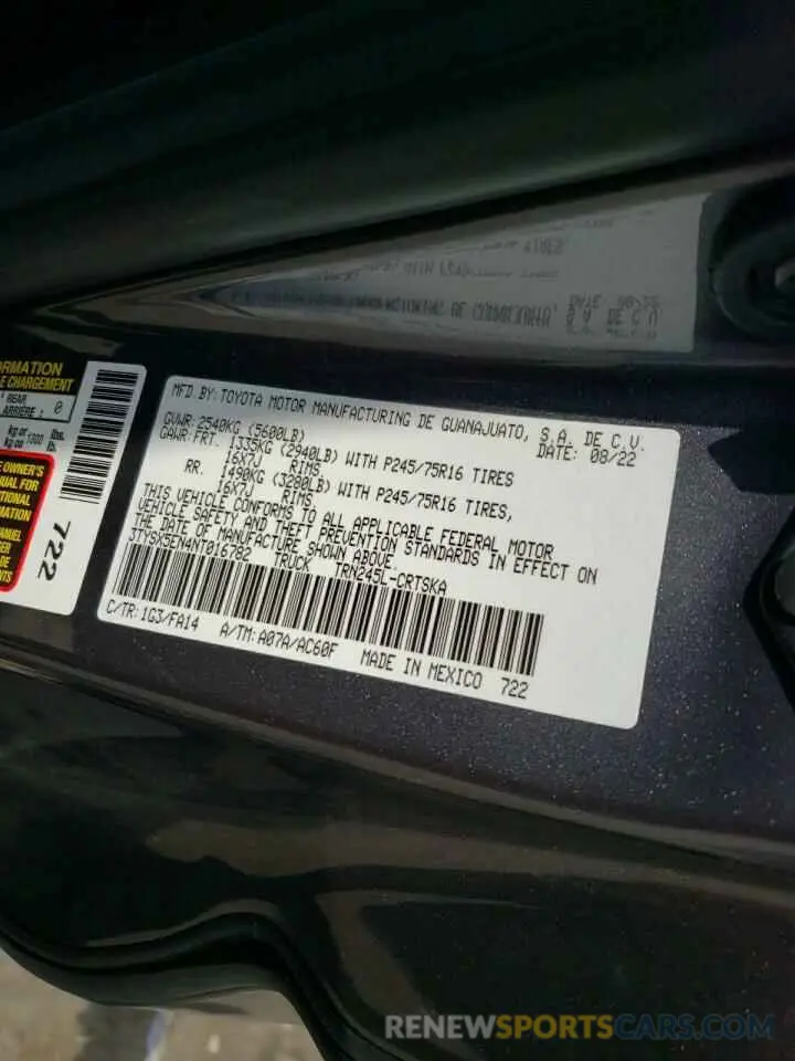 13 Photograph of a damaged car 3TYSX5EN4NT016782 TOYOTA TACOMA 2022