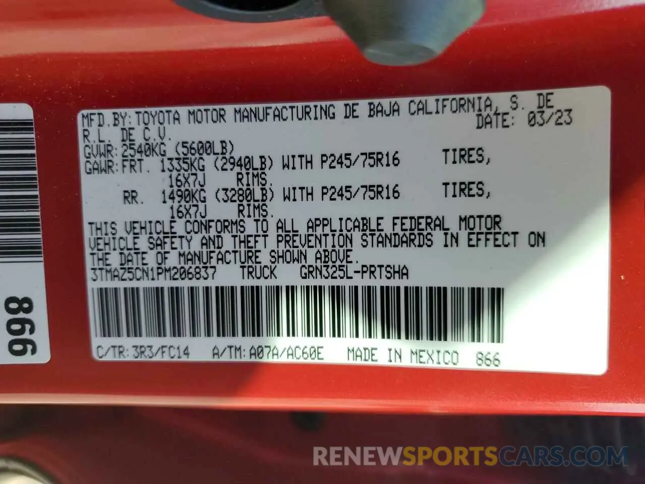 12 Photograph of a damaged car 3TMAZ5CN1PM206837 TOYOTA TACOMA 2023