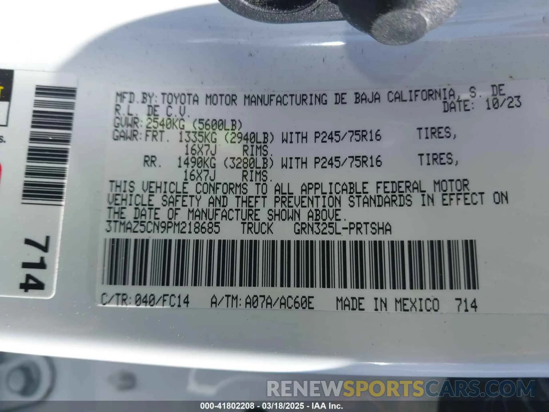 9 Photograph of a damaged car 3TMAZ5CN9PM218685 TOYOTA TACOMA 2023