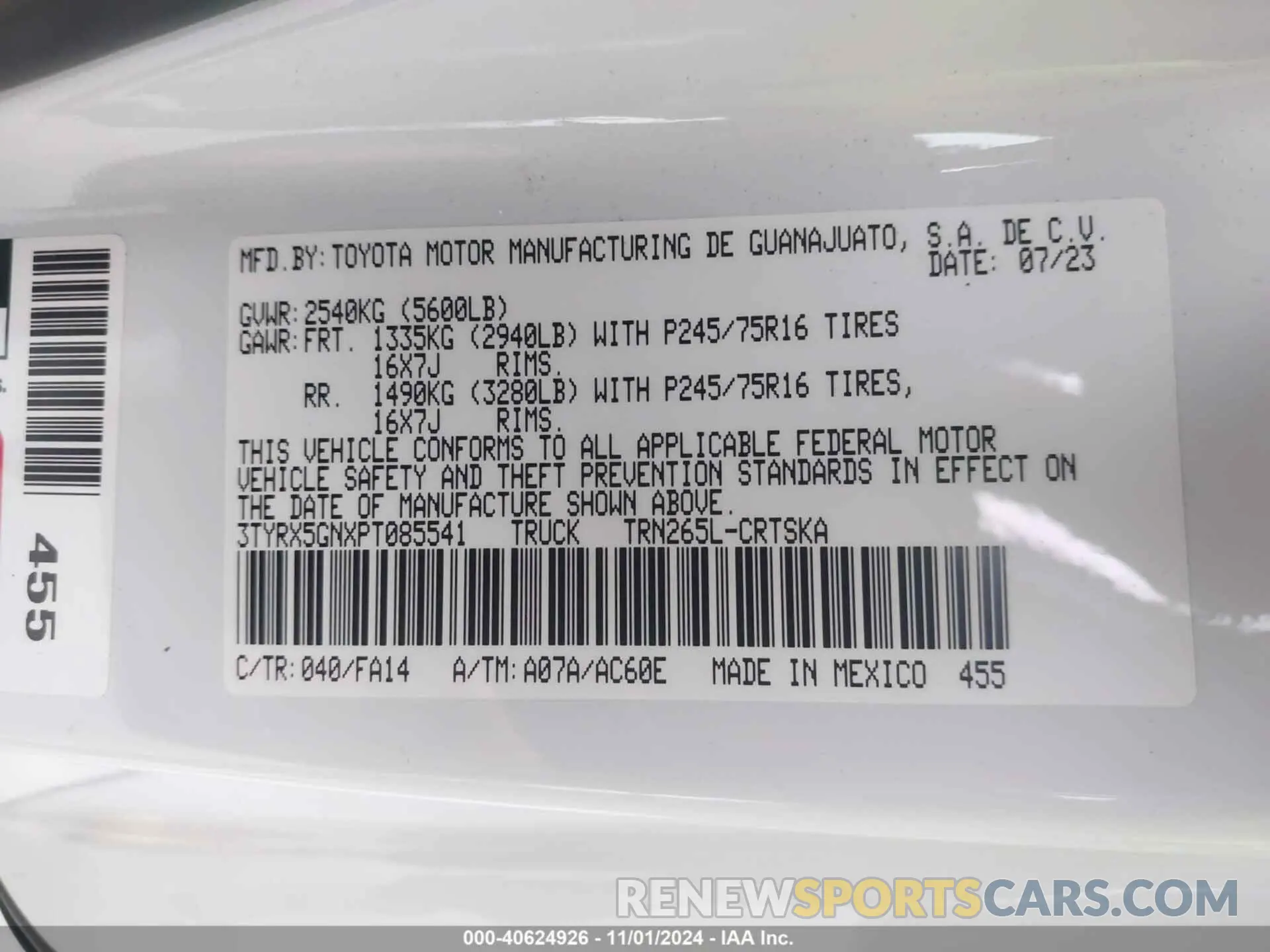 4 Photograph of a damaged car 3TYRX5GNXPT085541 TOYOTA TACOMA 2023