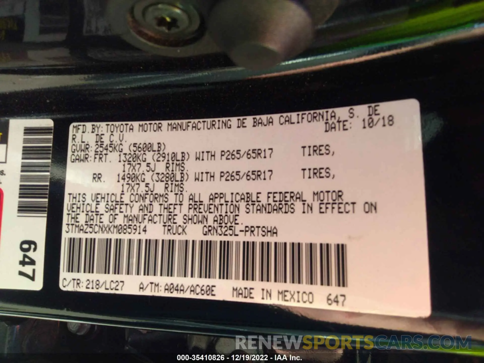 9 Photograph of a damaged car 3TMAZ5CNXKM085914 TOYOTA TACOMA 2WD 2019