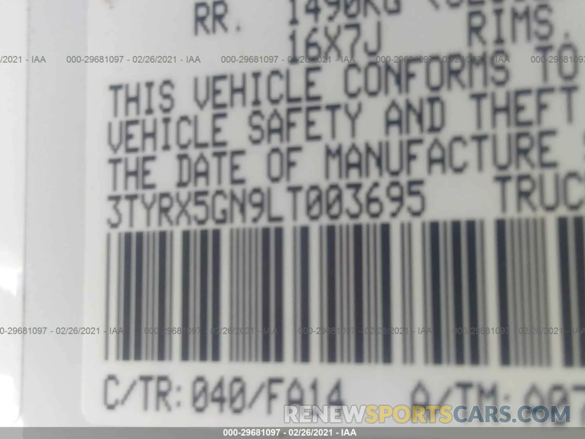 9 Photograph of a damaged car 3TYRX5GN9LT003695 TOYOTA TACOMA 2WD 2020