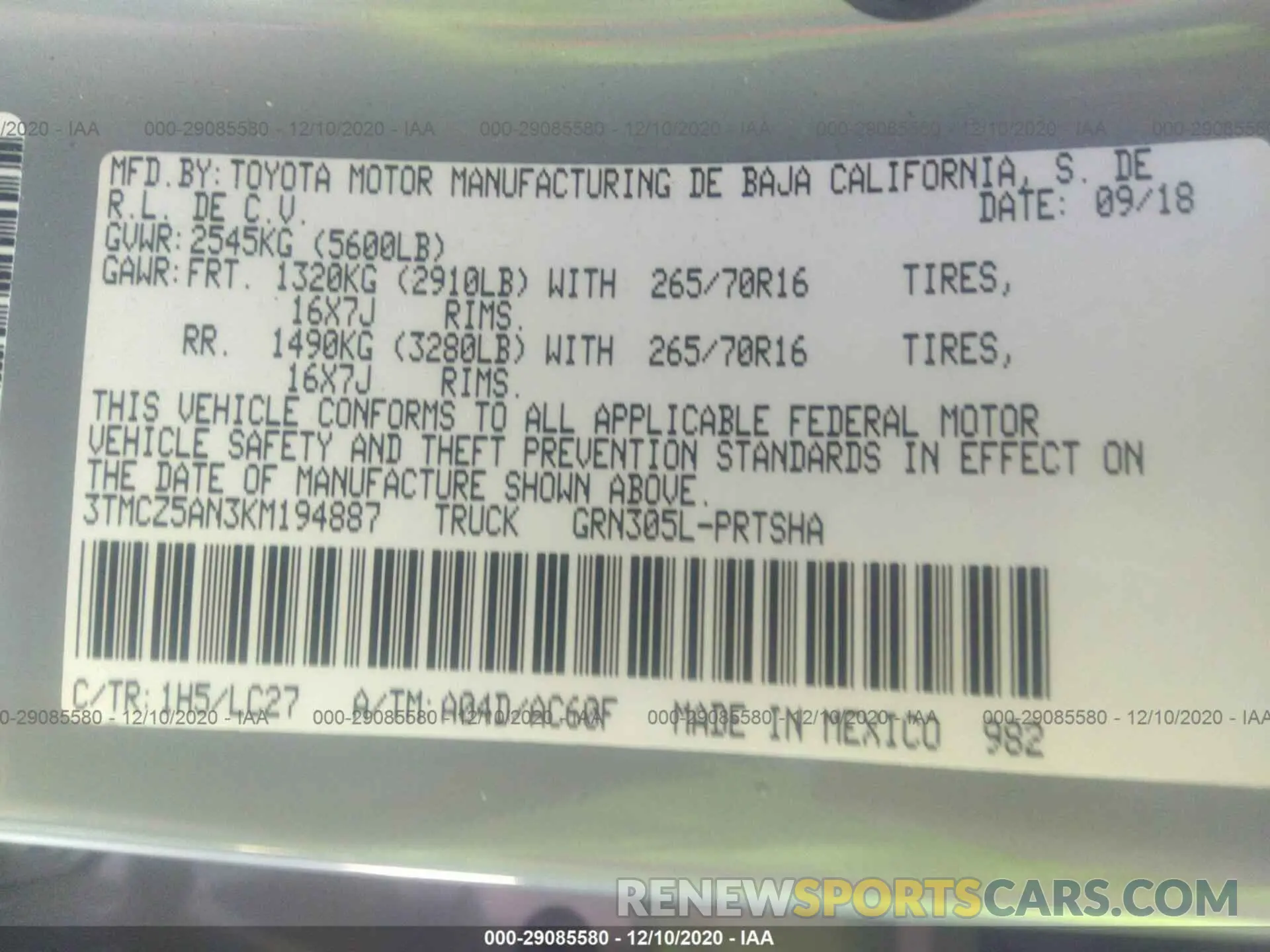 9 Photograph of a damaged car 3TMCZ5AN3KM194887 TOYOTA TACOMA 4WD 2019