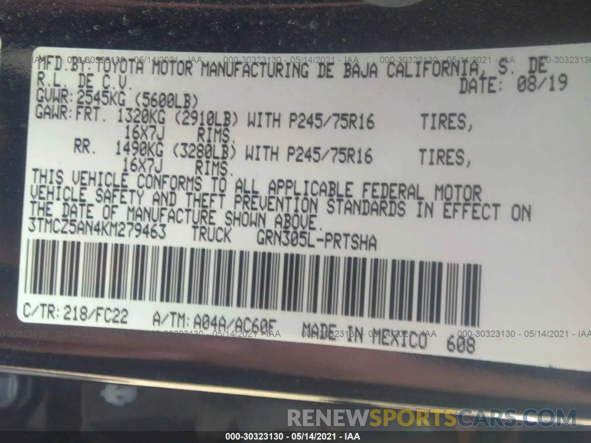 9 Photograph of a damaged car 3TMCZ5AN4KM279463 TOYOTA TACOMA 4WD 2019