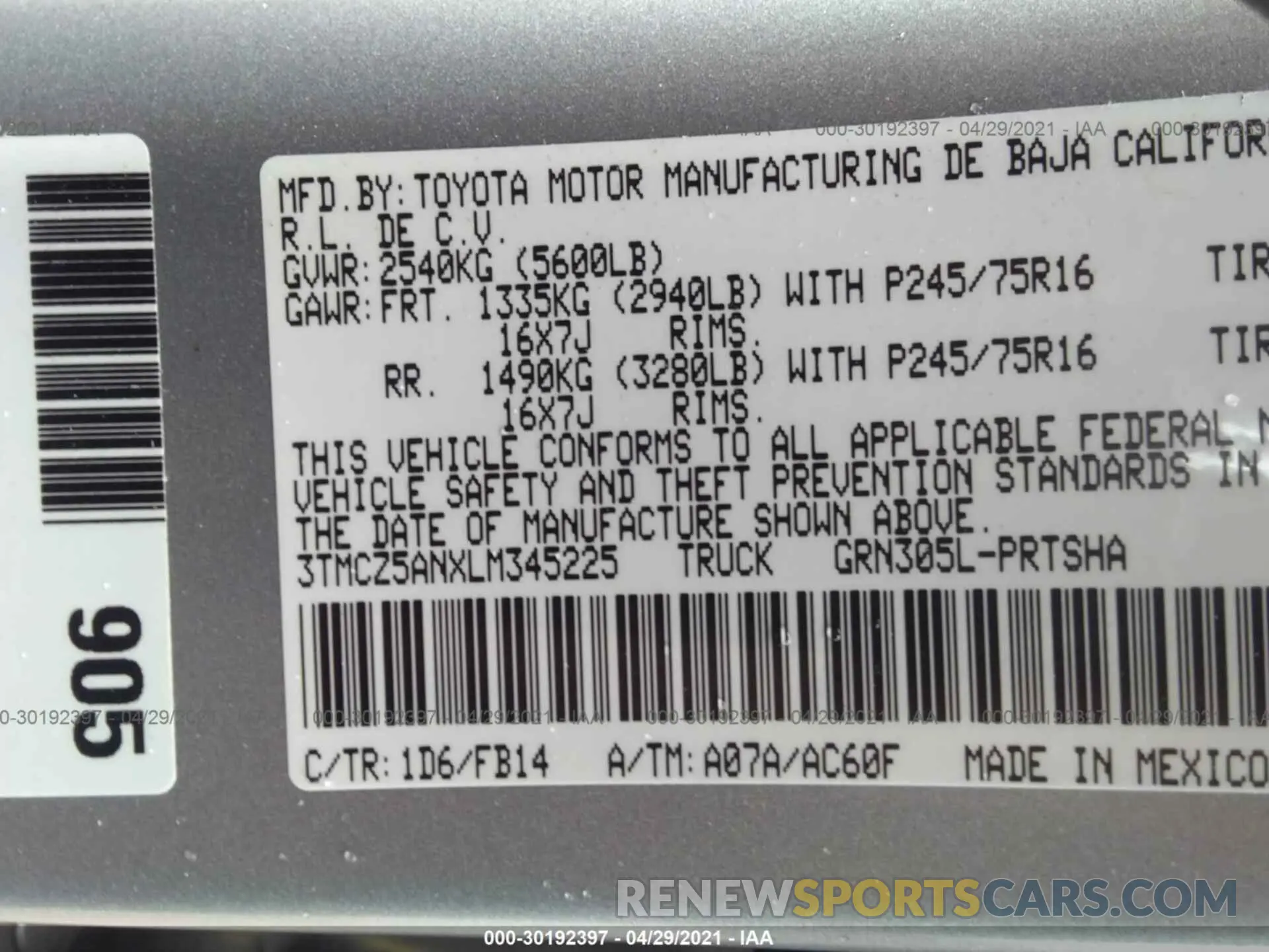 9 Photograph of a damaged car 3TMCZ5ANXLM345225 TOYOTA TACOMA 4WD 2020