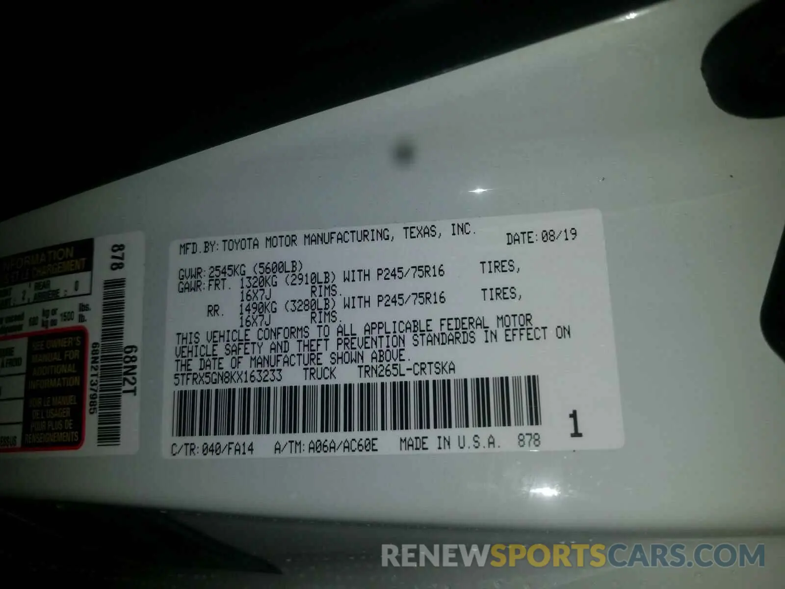 10 Photograph of a damaged car 5TFRX5GN8KX163233 TOYOTA TACOMA ACC 2019