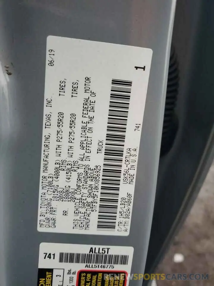 14 Photograph of a damaged car 5TFBY5F10KX856925 TOYOTA TUNDRA 2019