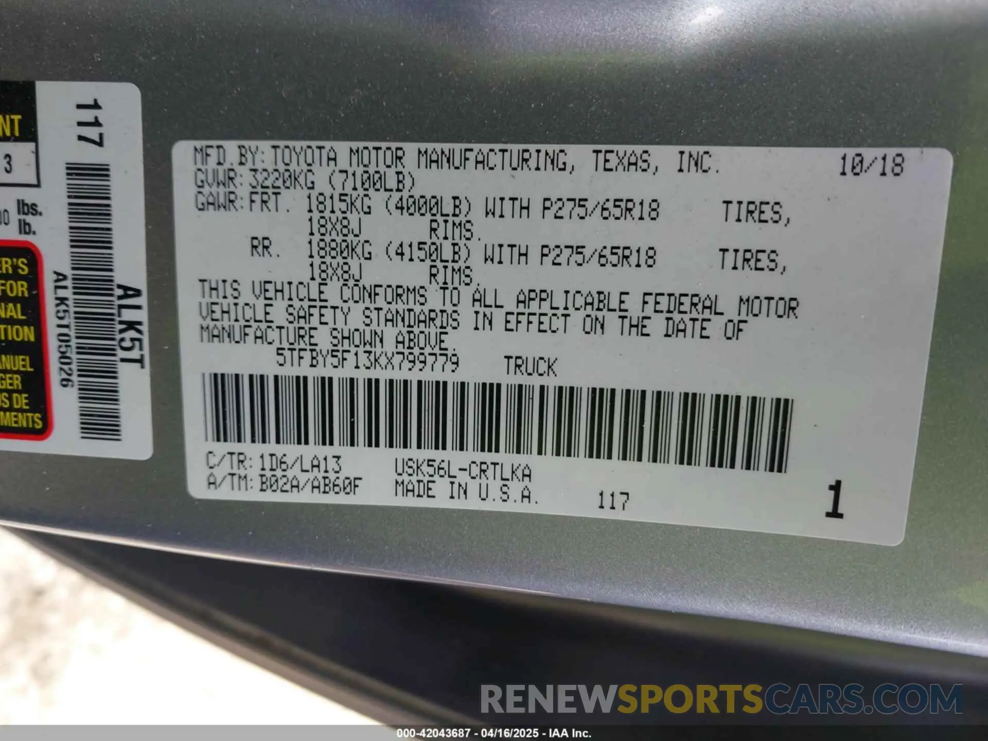 9 Photograph of a damaged car 5TFBY5F13KX799779 TOYOTA TUNDRA 2019