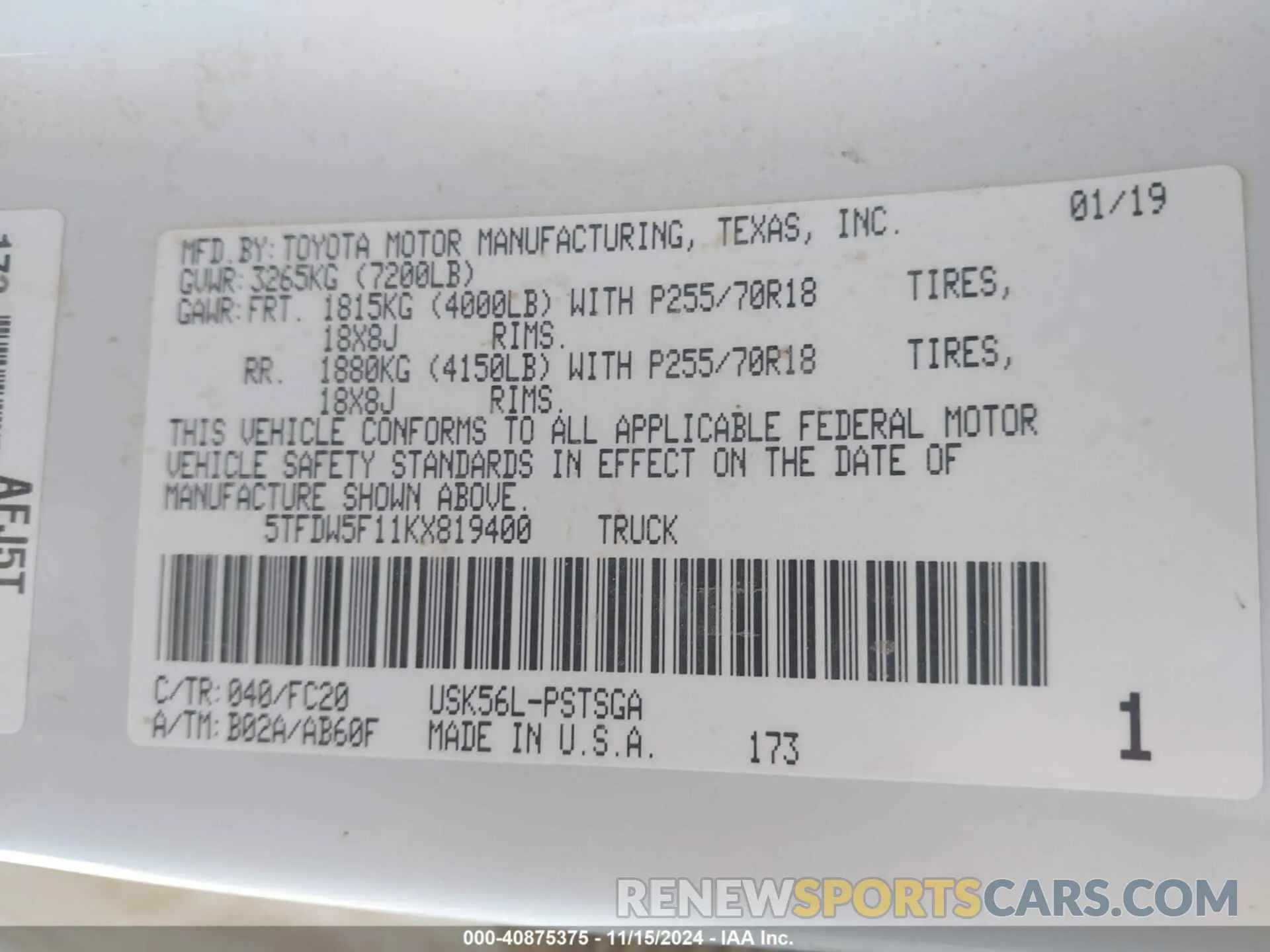 9 Photograph of a damaged car 5TFDW5F11KX819400 TOYOTA TUNDRA 2019