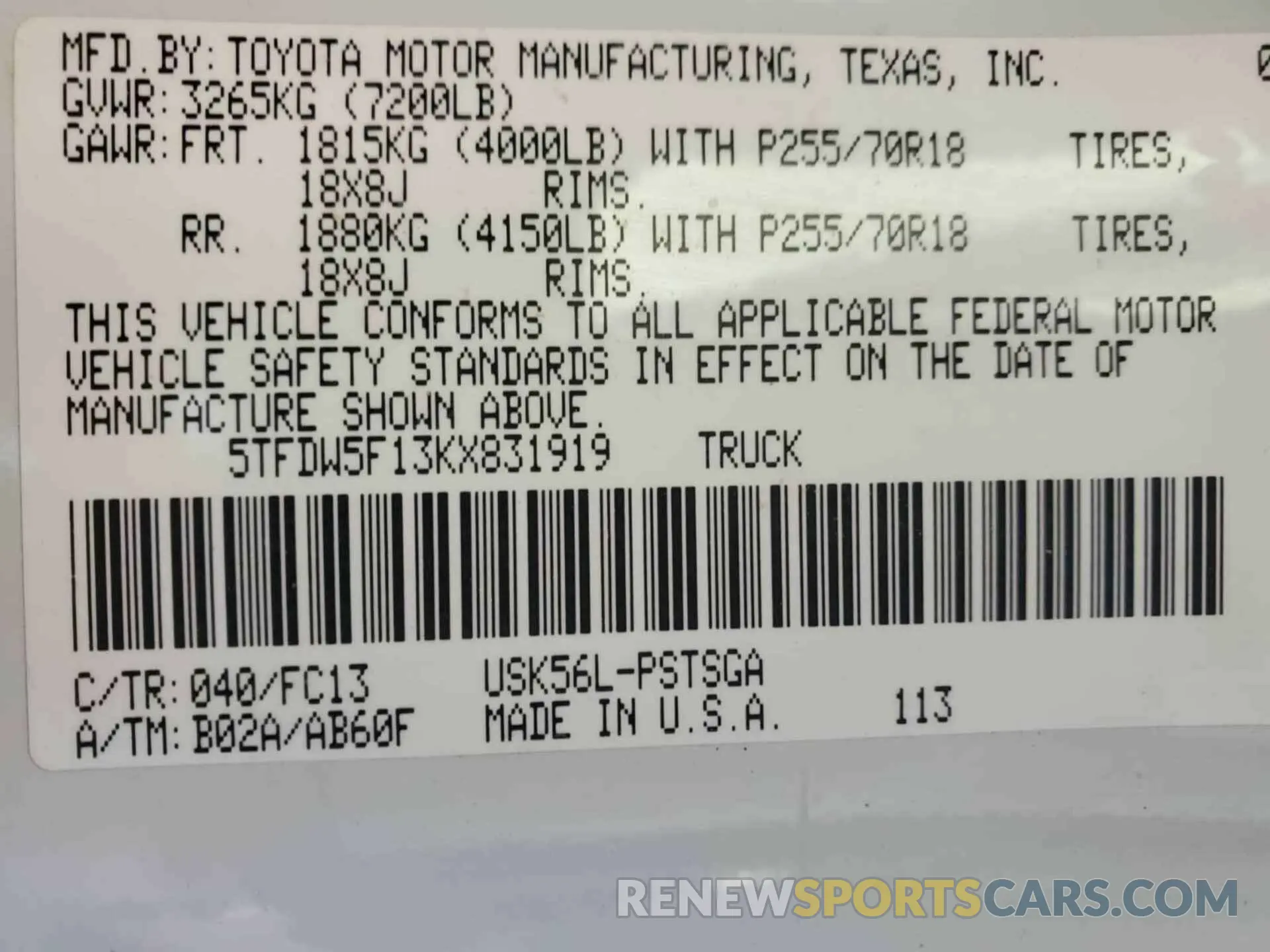 7 Photograph of a damaged car 5TFDW5F13KX831919 TOYOTA TUNDRA 2019