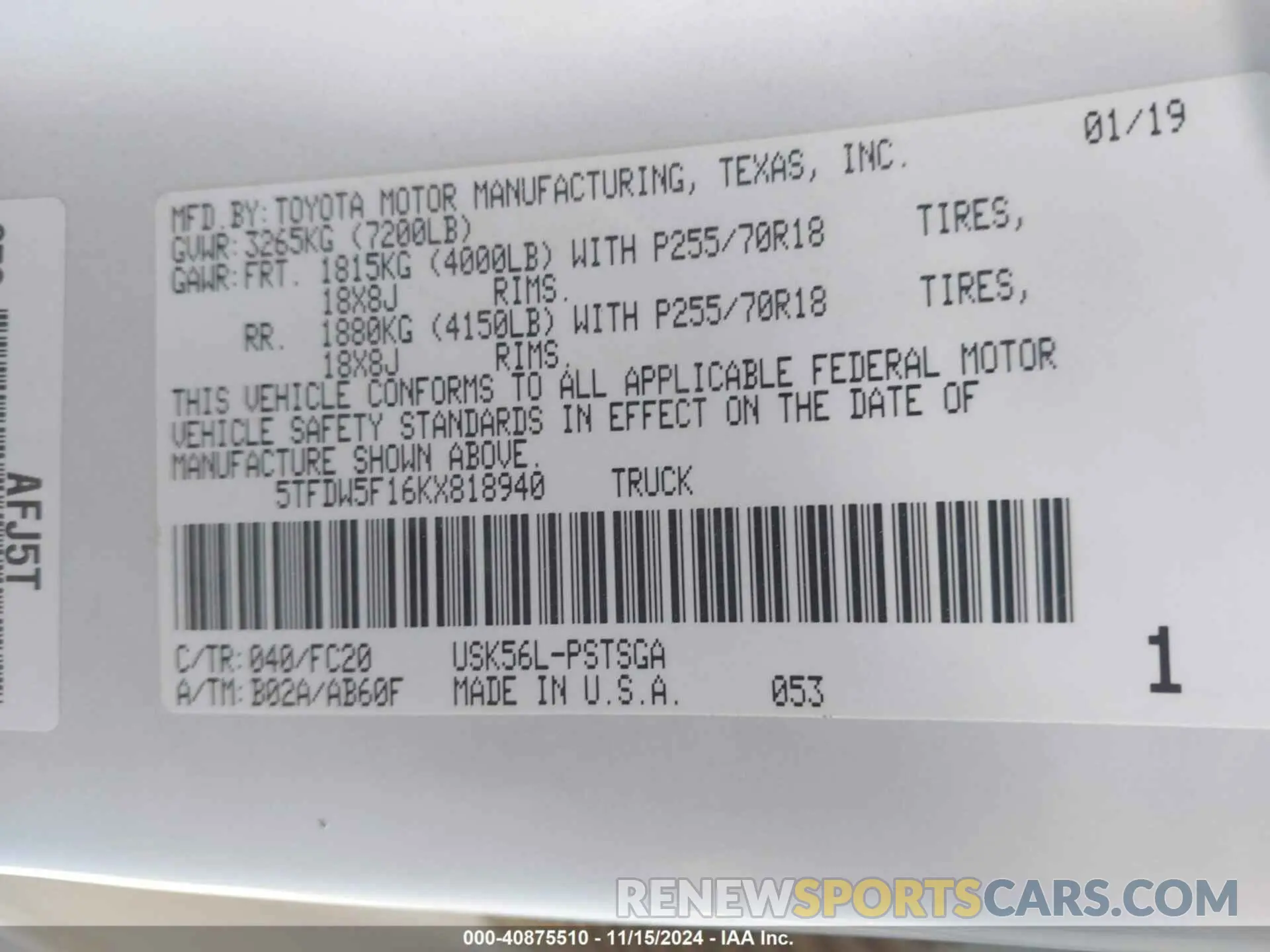 9 Photograph of a damaged car 5TFDW5F16KX818940 TOYOTA TUNDRA 2019