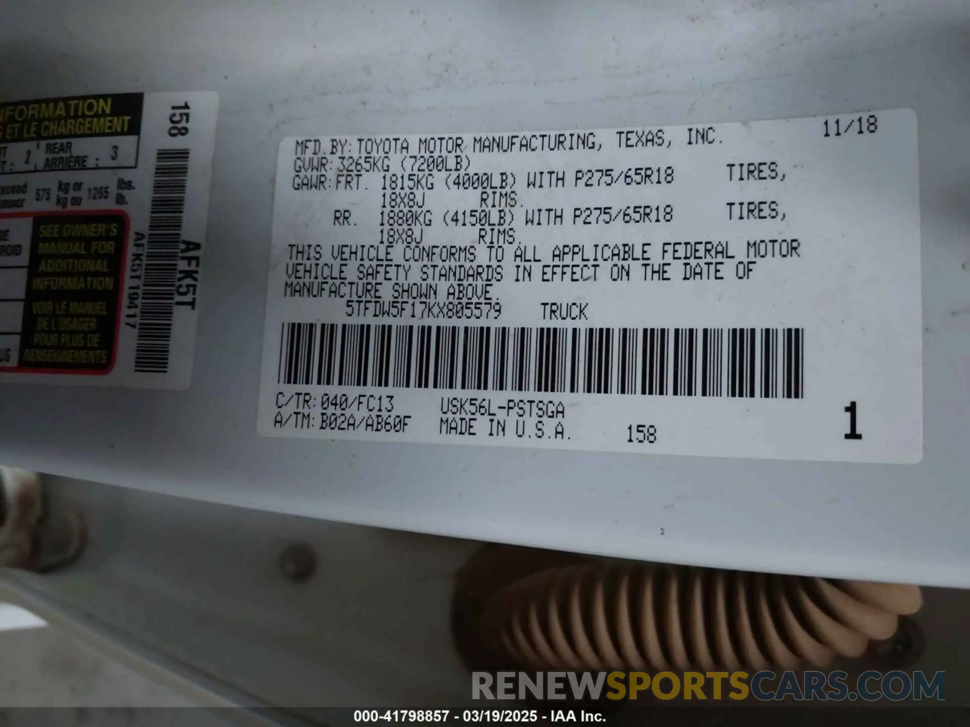 9 Photograph of a damaged car 5TFDW5F17KX805579 TOYOTA TUNDRA 2019