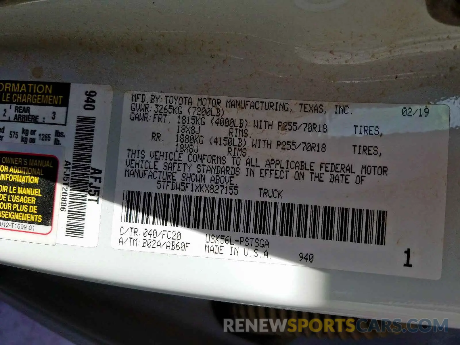 10 Photograph of a damaged car 5TFDW5F1XKX827155 TOYOTA TUNDRA 2019