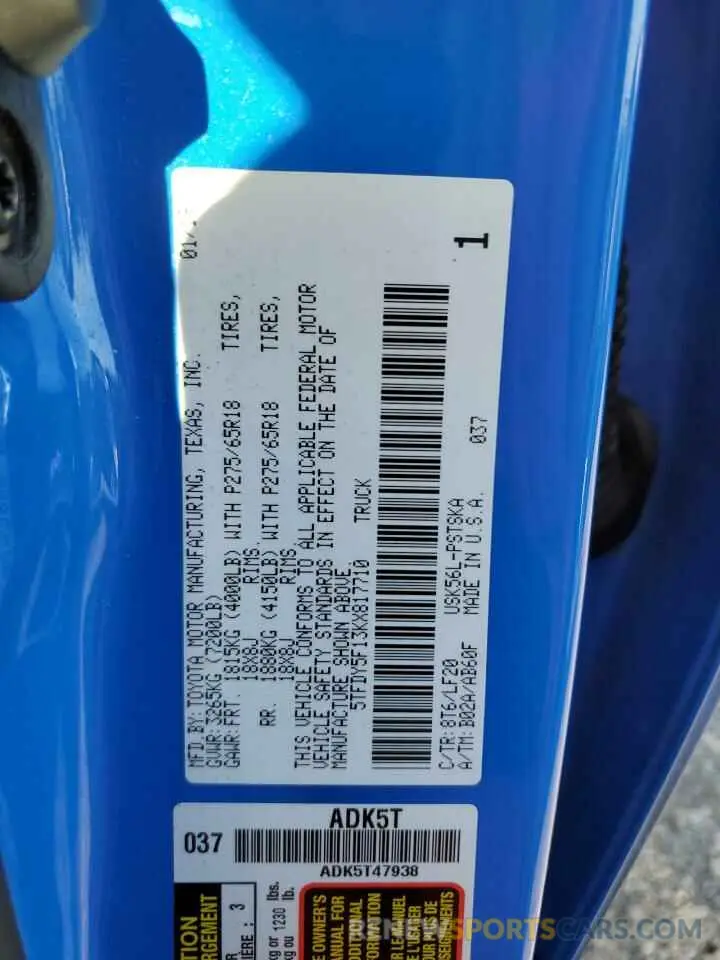 12 Photograph of a damaged car 5TFDY5F13KX817710 TOYOTA TUNDRA 2019