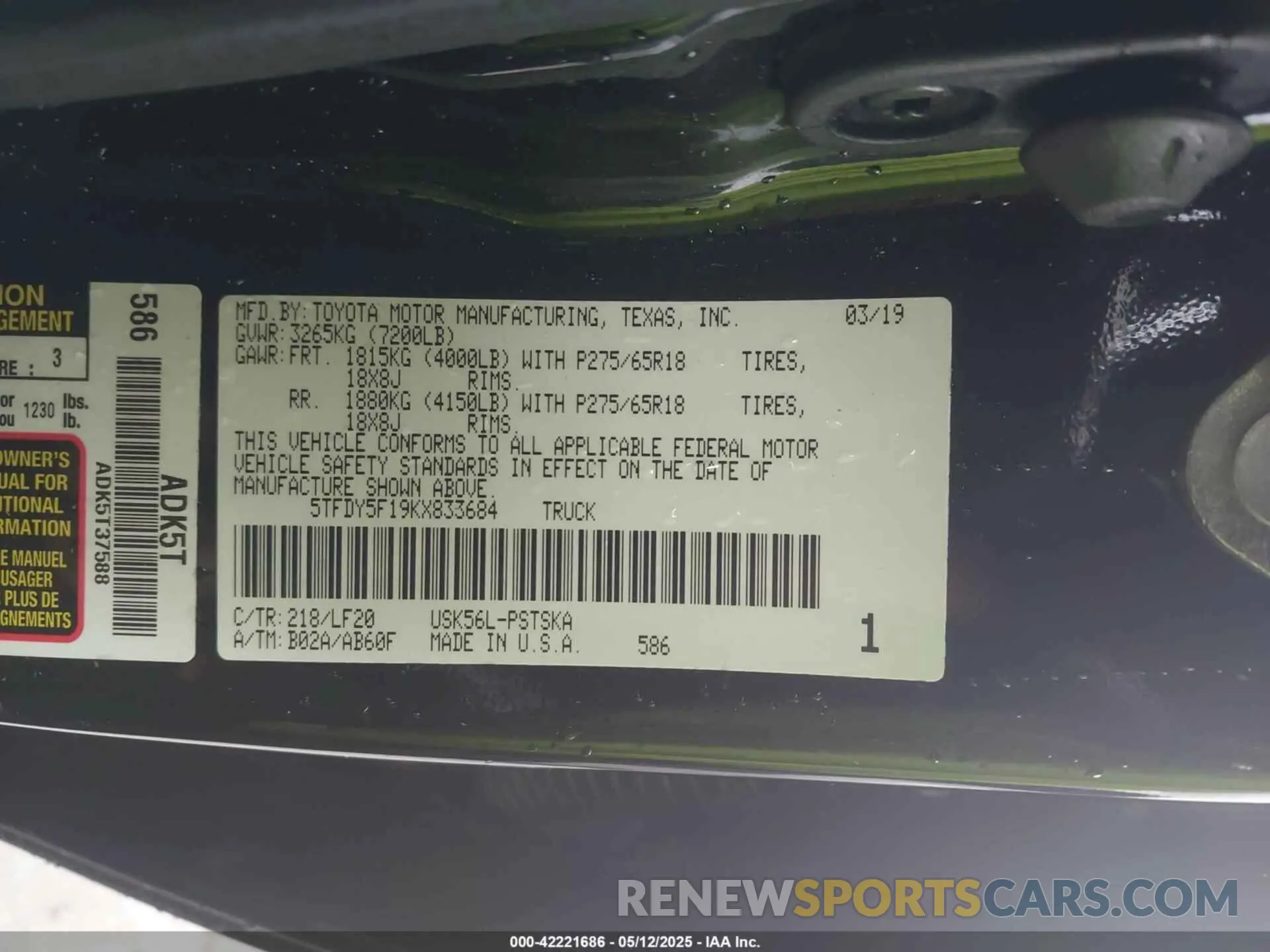 9 Photograph of a damaged car 5TFDY5F19KX833684 TOYOTA TUNDRA 2019
