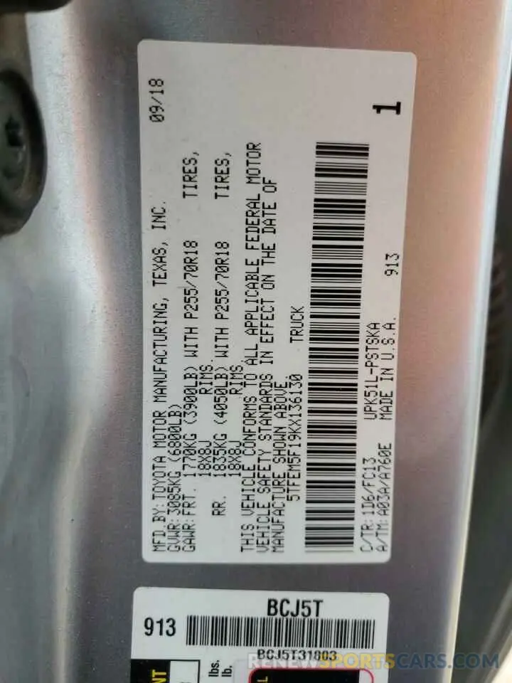 12 Photograph of a damaged car 5TFEM5F19KX136130 TOYOTA TUNDRA 2019