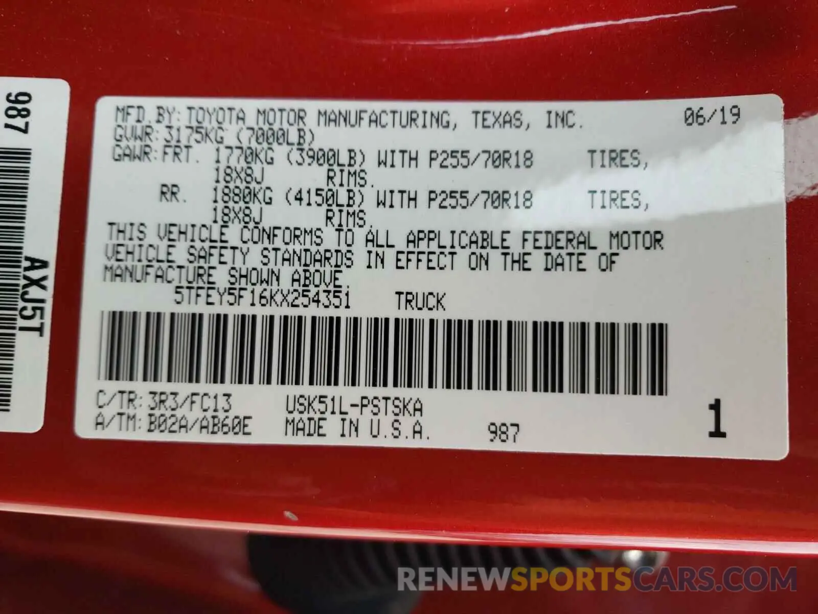 10 Photograph of a damaged car 5TFEY5F16KX254351 TOYOTA TUNDRA 2019