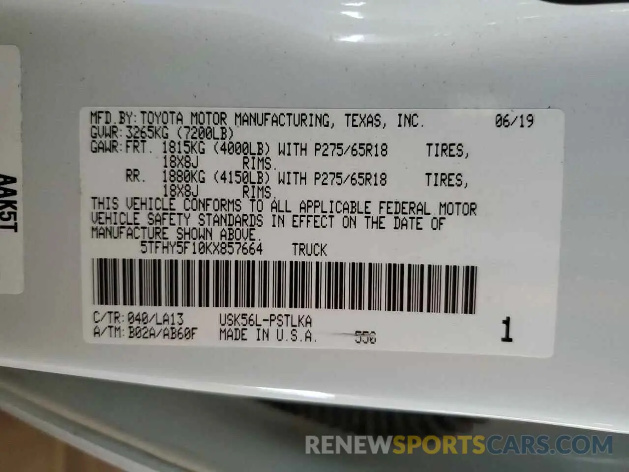 14 Photograph of a damaged car 5TFHY5F10KX857664 TOYOTA TUNDRA 2019