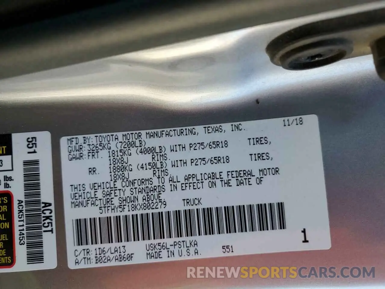 12 Photograph of a damaged car 5TFHY5F18KX802279 TOYOTA TUNDRA 2019