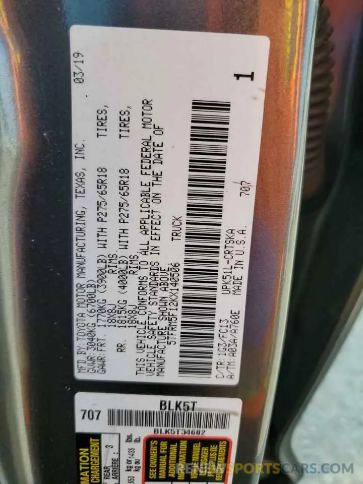 12 Photograph of a damaged car 5TFRM5F12KX140506 TOYOTA TUNDRA 2019